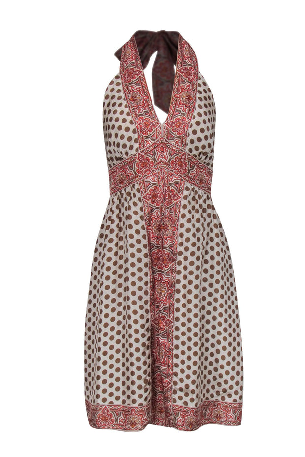 Current Boutique-BCBG Max Azria - Beige & Brown Polka Dot Print Halter Dress Sz 12