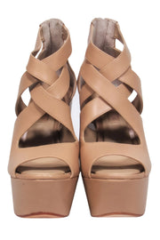 Current Boutique-BCBG Max Azria - Beige Leather Chunky Platform Crisscross Strap Heels Sz 5.5