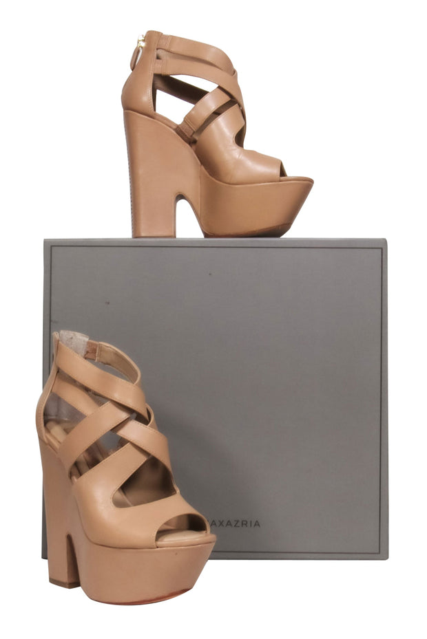 Current Boutique-BCBG Max Azria - Beige Leather Chunky Platform Crisscross Strap Heels Sz 5.5