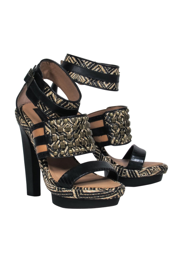 Current Boutique-BCBG Max Azria - Black & Beige Studded Woven Heels Sz. 5.5