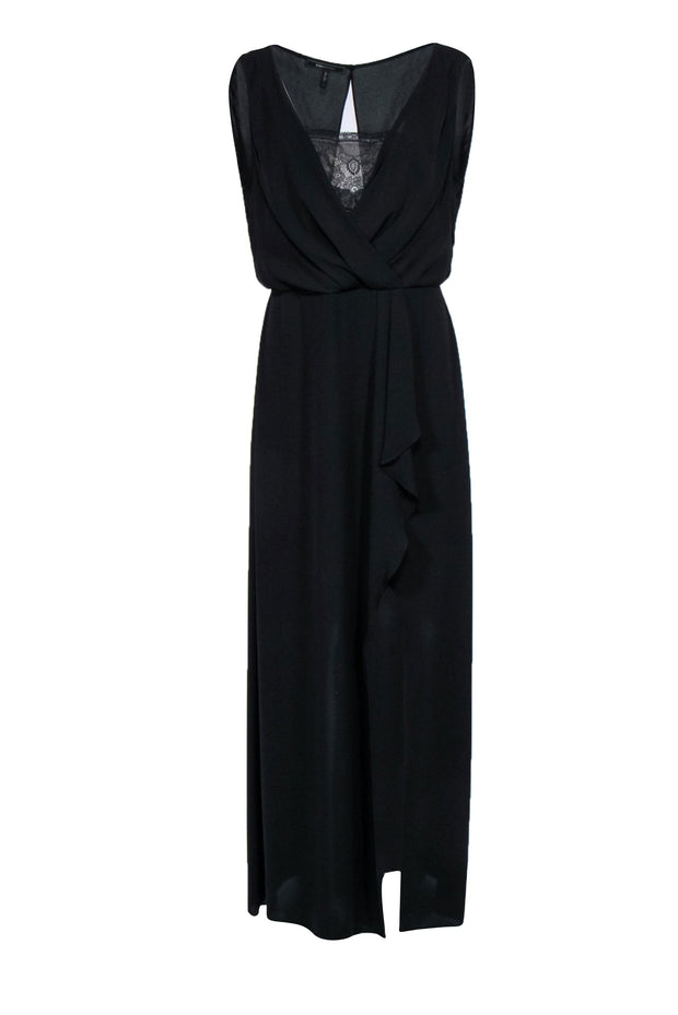 Current Boutique-BCBG Max Azria - Black Draped Lace Bodice Gown w/ Slit Sz 10