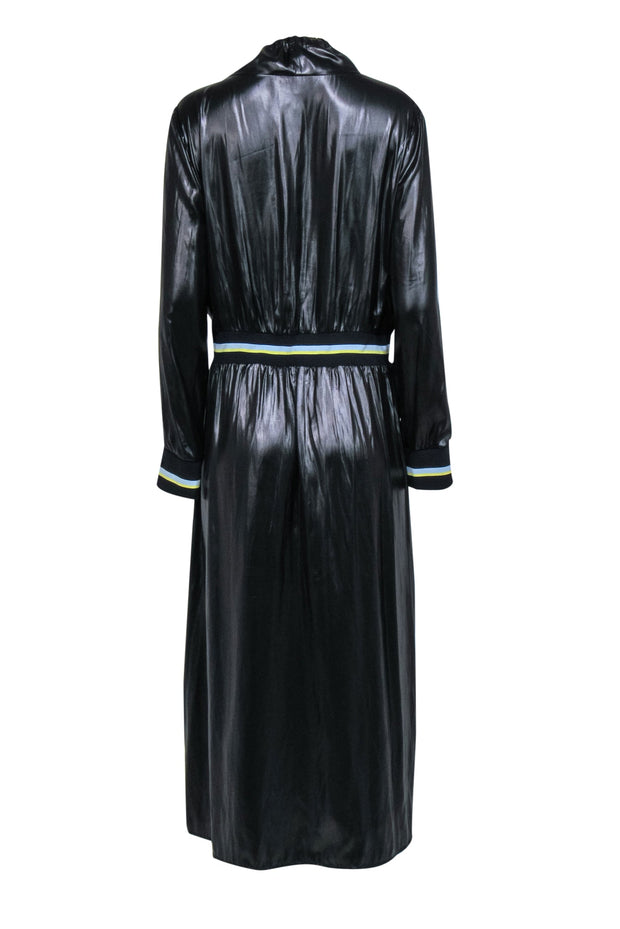 Current Boutique-BCBG Max Azria - Black Faux Leather Drawstring Maxi Dress w/ Striped Trim Sz L