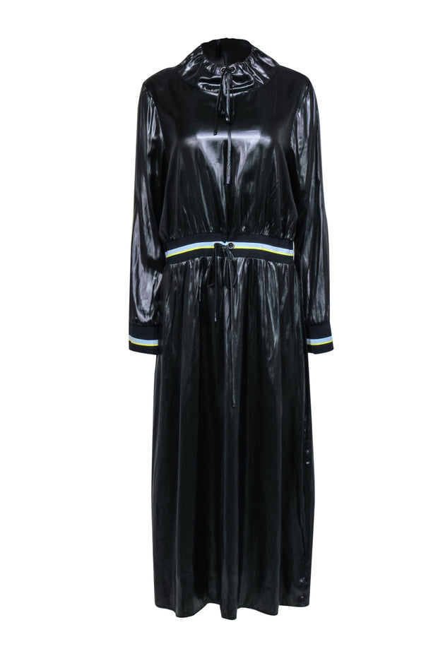 Current Boutique-BCBG Max Azria - Black Faux Leather Drawstring Maxi Dress w/ Striped Trim Sz L