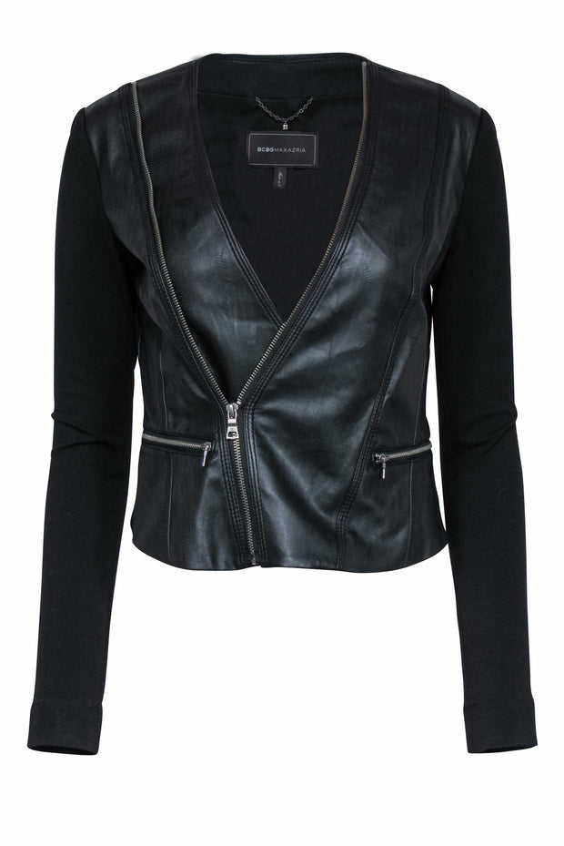 Current Boutique-BCBG Max Azria - Black Faux Leather Jacket w/ Asymmetrical Side Zippers Sz XS