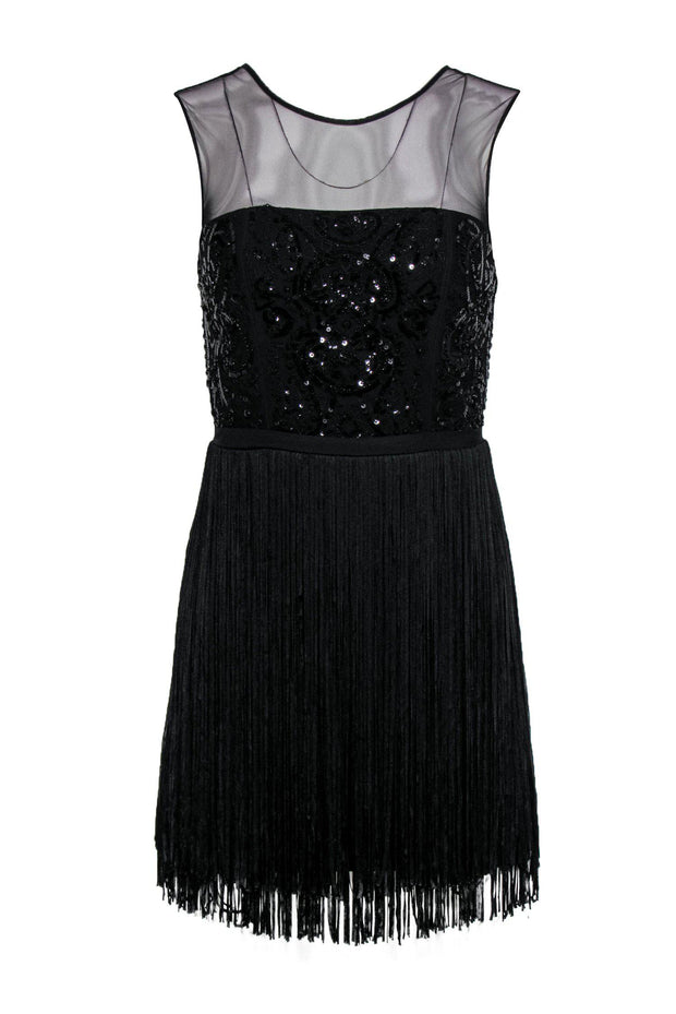 Current Boutique-BCBG Max Azria - Black Fringe Sleeveless “Melly” Sheath Dress w/ Sequin Bodice Sz 2