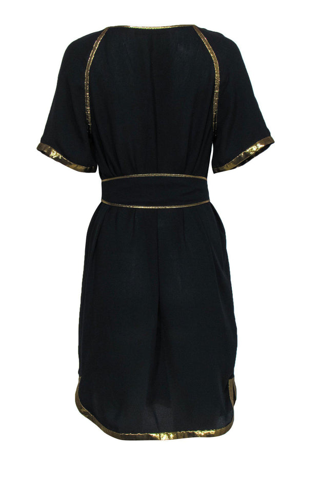 Current Boutique-BCBG Max Azria - Black & Gold Trim Shift Dress w/ Tie Belt Sz S