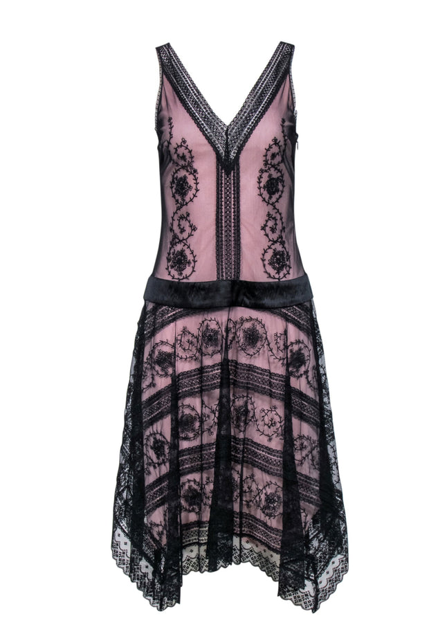 Current Boutique-BCBG Max Azria - Black Lace Overlay Drop Waist Dress w/ Handkerchief Hem Sz 6