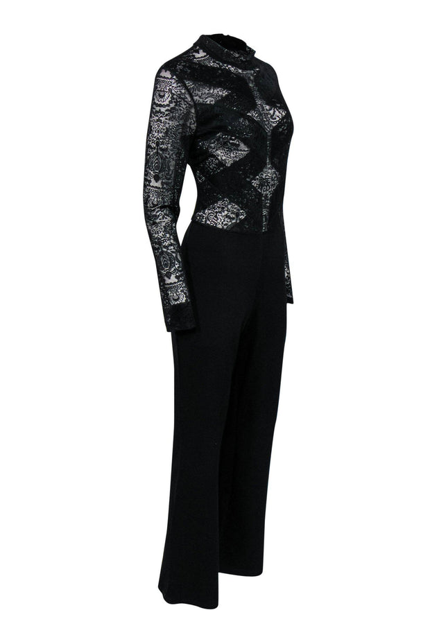 Current Boutique-BCBG Max Azria - Black Lace Top Long Sleeve Flared Jumpsuit Sz L