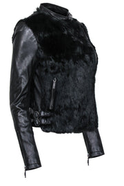 Current Boutique-BCBG Max Azria - Black Leather & Rabbit Fur Moto-Style Jacket Sz S