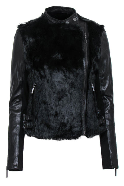 Current Boutique-BCBG Max Azria - Black Leather & Rabbit Fur Moto-Style Jacket Sz S