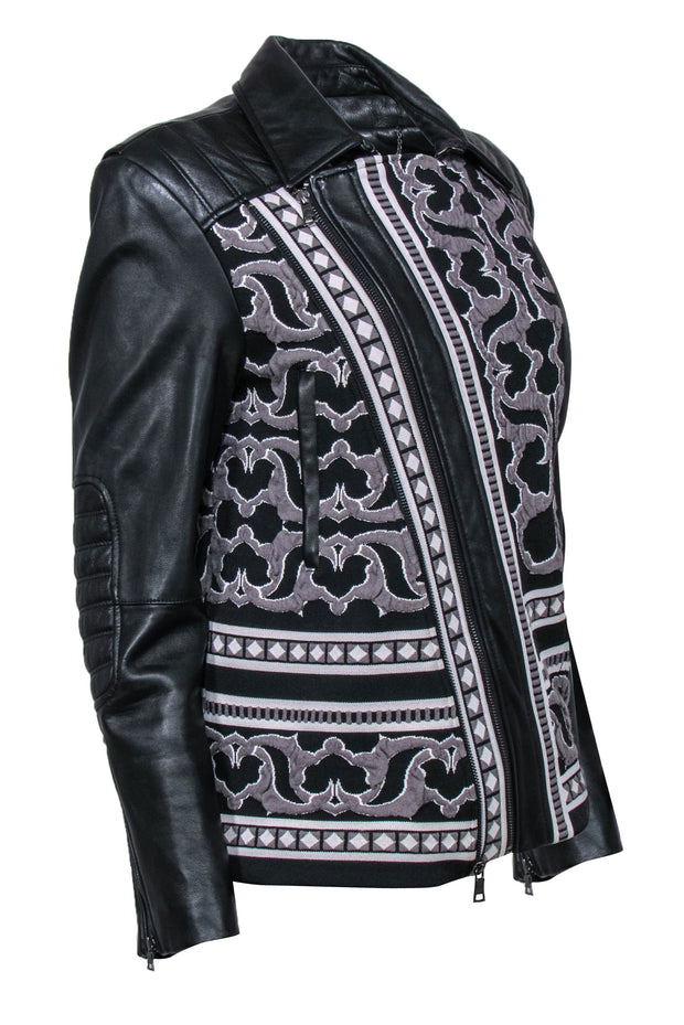 Current Boutique-BCBG Max Azria - Black Leather Zip-Up Jacket w/ Woven Tapestry Design Sz S