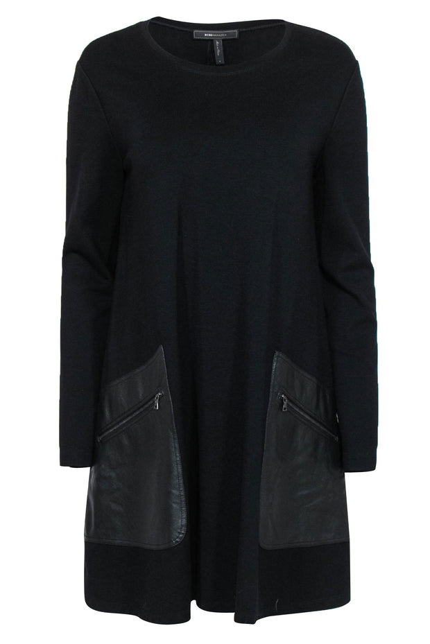 Current Boutique-BCBG Max Azria - Black Long Sleeve Shift Dress w/ Faux Leather Pockets Sz S