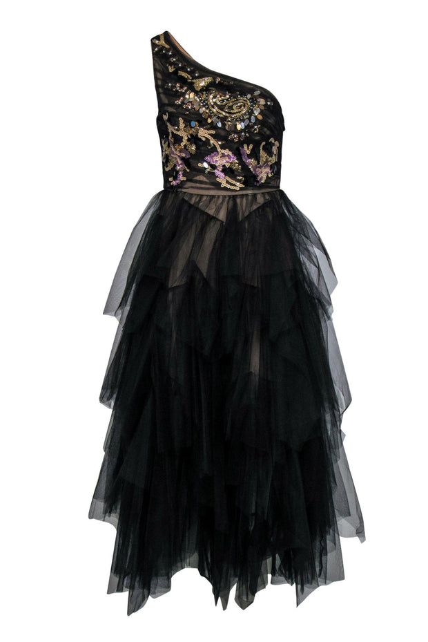 Current Boutique-BCBG Max Azria - Black One-Shoulder Tulle Gown w/ Sequin Bust Sz 4