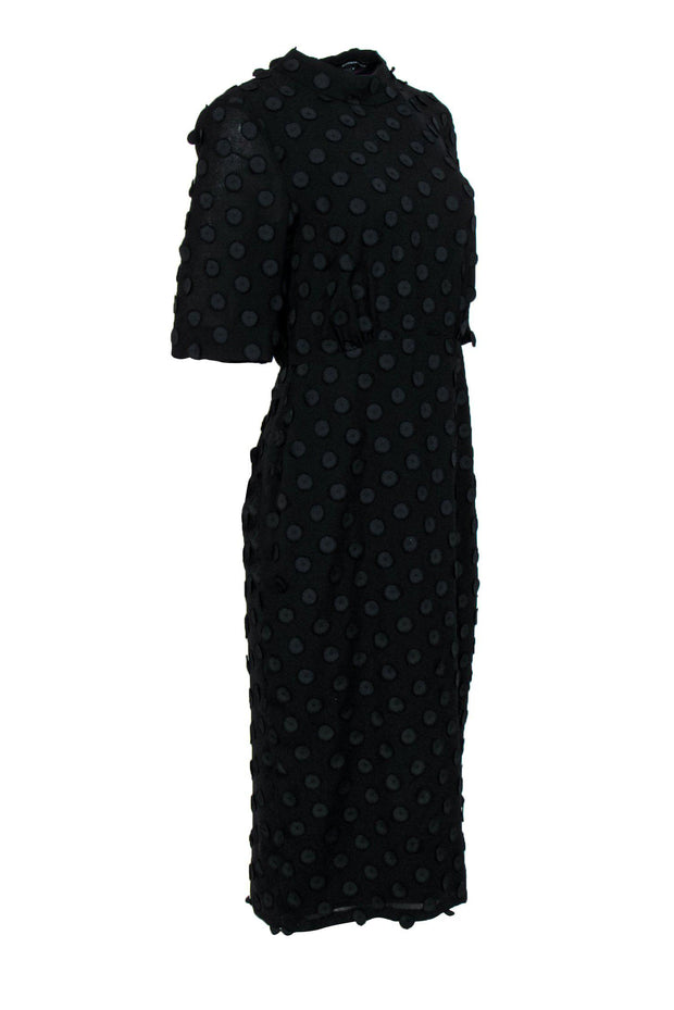 Current Boutique-BCBG Max Azria - Black Polka Dot Embossed Short Sleeve Midi Dress Sz S