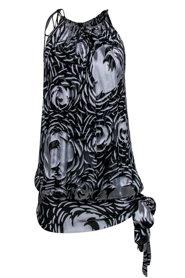 Current Boutique-BCBG Max Azria - Black & Silver Abstract Floral Shift Dress w/ Bubble Hem Sz XXS