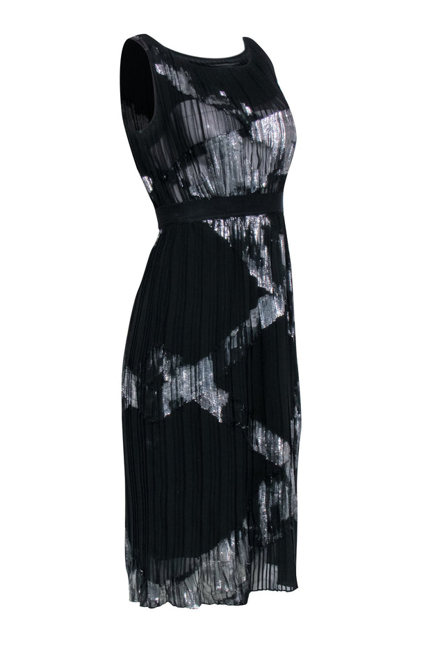 Current Boutique-BCBG Max Azria - Black & Silver Print Pleated Sleeveless Dress Sz XXS