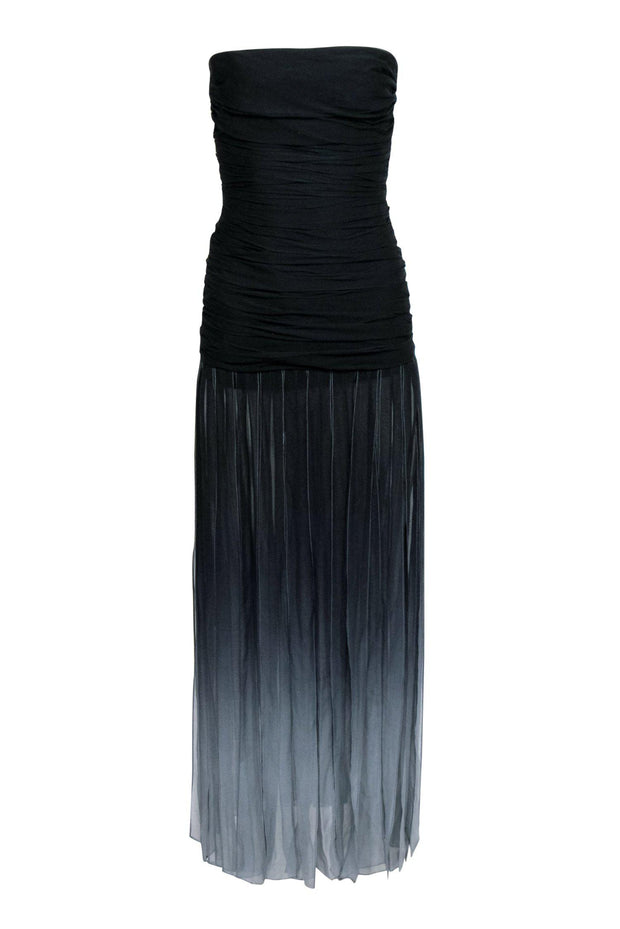 Current Boutique-BCBG Max Azria - Black Strapless Ruched Bodice Gown w/ Ombre Fringe Sz 0