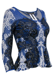 Current Boutique-BCBG Max Azria - Blue & Black Patterned Knit Peplum Top Sz XXS