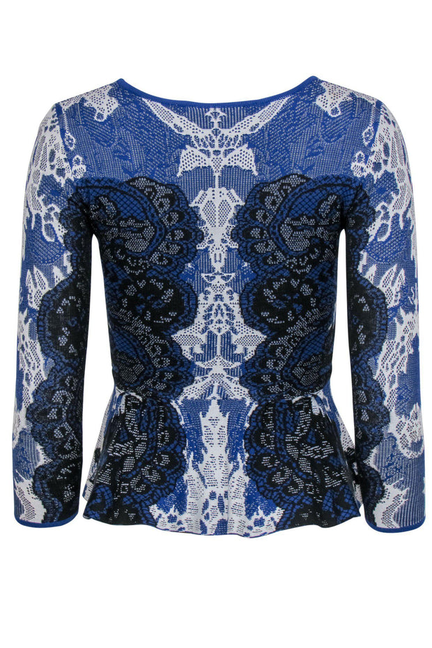 Current Boutique-BCBG Max Azria - Blue & Black Patterned Knit Peplum Top Sz XXS