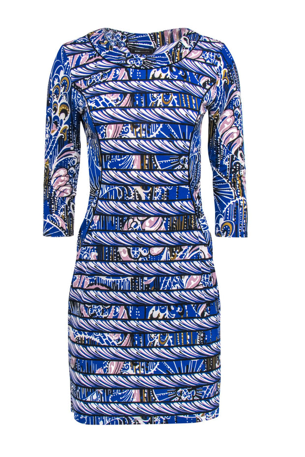 Current Boutique-BCBG Max Azria - Blue Printed Paneled Sheath Dress w/ Cropped Sleeves Sz S