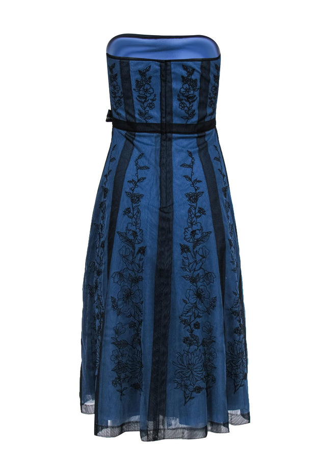 Current Boutique-BCBG Max Azria - Blue Strapless Midi Dress w/ Tulle Overlay & Floral Embroidery Sz 4