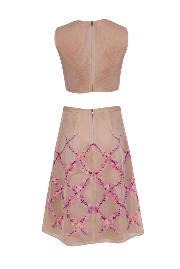 Current Boutique-BCBG Max Azria - Blush Mesh Floral Embroidered Crop Tank & Midi Skirt Set Sz S