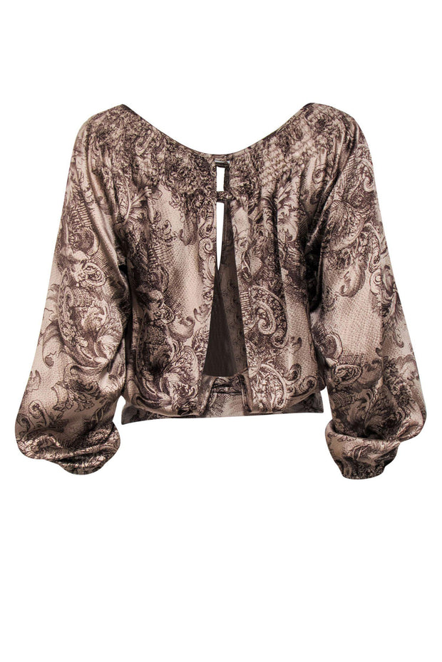 Current Boutique-BCBG Max Azria - Brown Baroque Print Open Back Silk Blouse Sz S