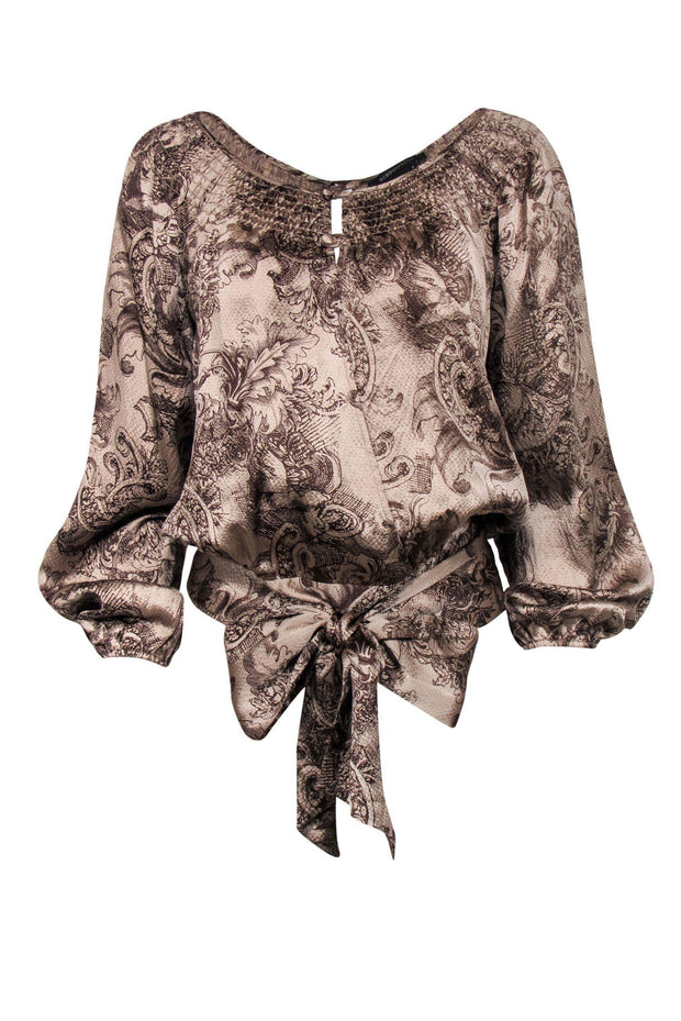 Current Boutique-BCBG Max Azria - Brown Baroque Print Open Back Silk Blouse Sz S