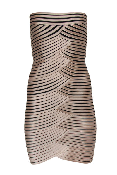 Current Boutique-BCBG Max Azria - Champagne Striped Satin Strapless Bodycon Sz 2