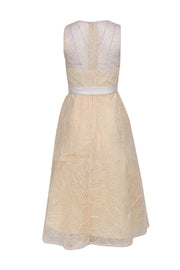 Current Boutique-BCBG Max Azria - Cream Midi Dress w/ Metallic Floral Embroidered Tulle Overlay Sz 2