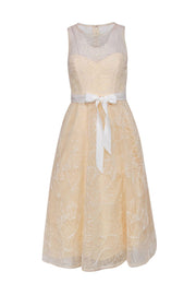 Current Boutique-BCBG Max Azria - Cream Midi Dress w/ Metallic Floral Embroidered Tulle Overlay Sz 2