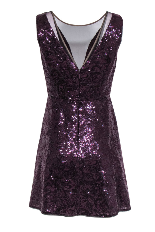 Current Boutique-BCBG Max Azria - Deep Purple Sequined Paisley Fit & Flare Dress w/ Mesh Paneling Sz 8