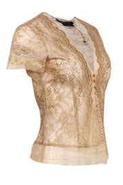 Current Boutique-BCBG Max Azria - Gold Metallic Sheer Lace Short Sleeve Blouse Sz S