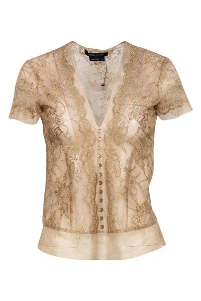 Current Boutique-BCBG Max Azria - Gold Metallic Sheer Lace Short Sleeve Blouse Sz S