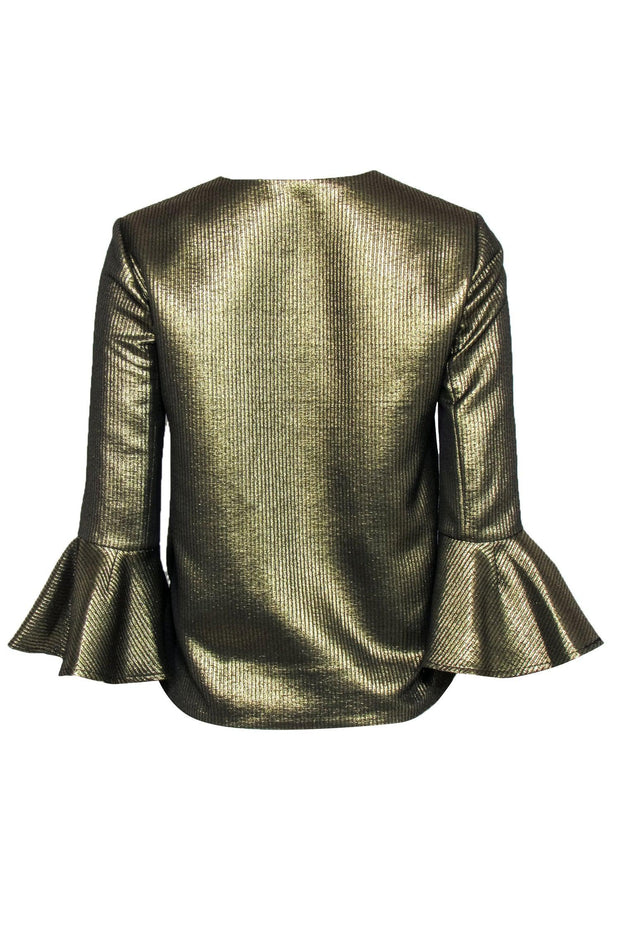 Current Boutique-BCBG Max Azria - Gold Metallic Textured Bell Sleeve "Valari" Blouse Sz XS