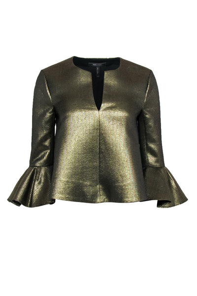 Current Boutique-BCBG Max Azria - Gold Metallic Textured Bell Sleeve "Valari" Blouse Sz XS