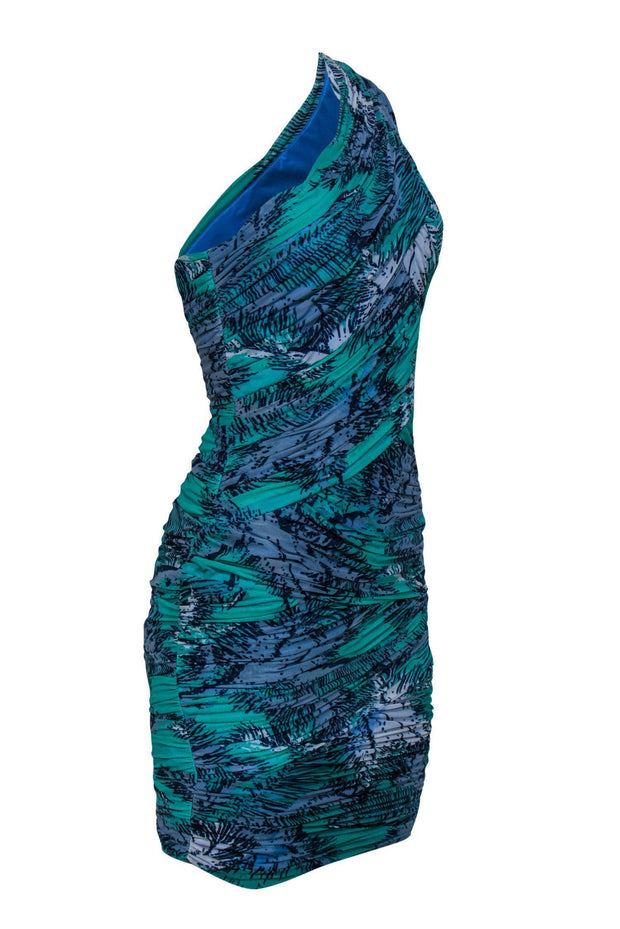 Current Boutique-BCBG Max Azria - Green & Blue Printed Ruched One-Shoulder Bodycon Dress Sz M