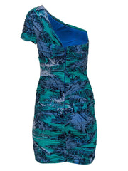 Current Boutique-BCBG Max Azria - Green & Blue Printed Ruched One-Shoulder Bodycon Dress Sz M