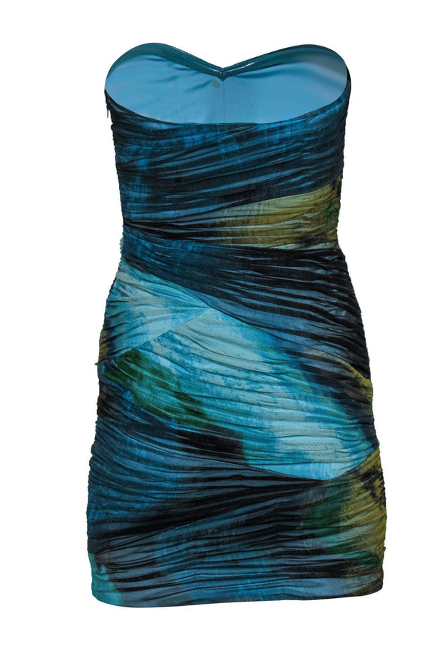 Current Boutique-BCBG Max Azria - Marbled Blue & Green Ruched Tulle Strapless Dress Sz 2