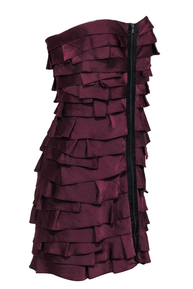 Current Boutique-BCBG Max Azria - Maroon Strapless Zipper Front Tiered Ruffle Mini Dress Sz 8