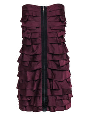 Current Boutique-BCBG Max Azria - Maroon Strapless Zipper Front Tiered Ruffle Mini Dress Sz 8