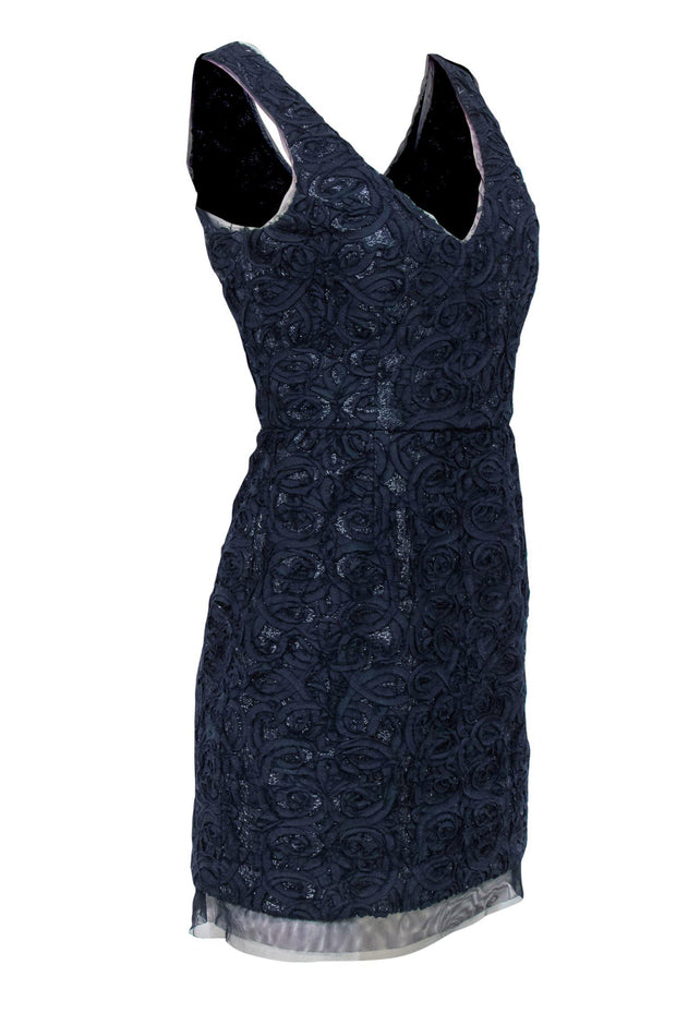 Current Boutique-BCBG Max Azria - Navy Metallic Rose Applique Sheath Dress Sz 8