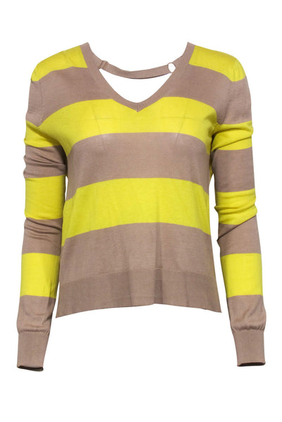 Current Boutique-BCBG Max Azria - Neon Yellow & Tan Striped Sweater w/ Back Cutout Sz S