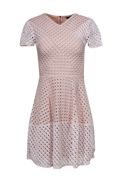 Current Boutique-BCBG Max Azria - Nude & White Short Sleeve Lace Eyelet Mini Dress Sz XS