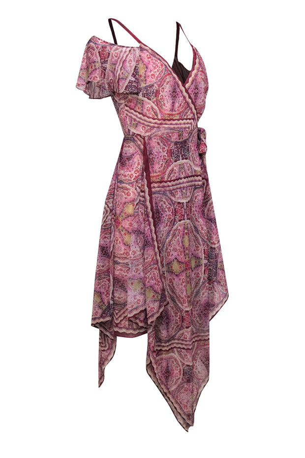 Current Boutique-BCBG Max Azria - Purple Boho Printed Wrap Dress w/ Ruffles Sz S