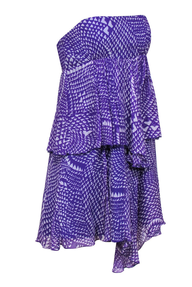 Current Boutique-BCBG Max Azria - Purple & White Strapless Tiered Scarf Hem Silk Dress Sz S