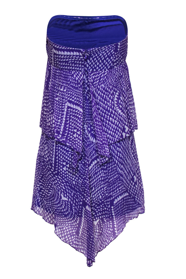 Current Boutique-BCBG Max Azria - Purple & White Strapless Tiered Scarf Hem Silk Dress Sz S