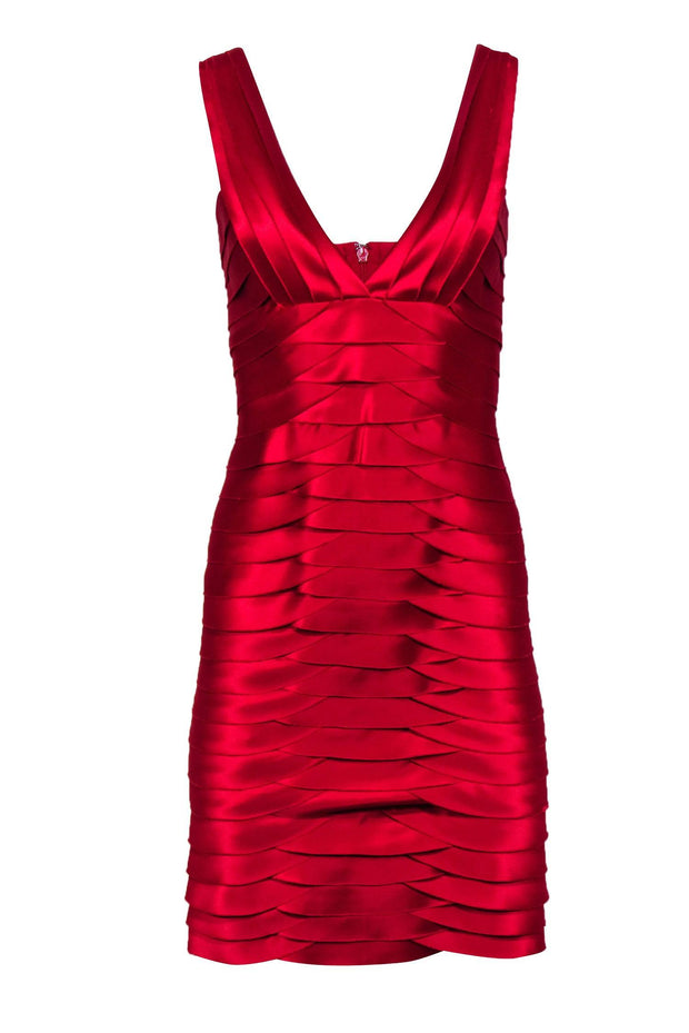 Current Boutique-BCBG Max Azria - Red Satin Tiered V-Neck Sheath Dress Sz 2