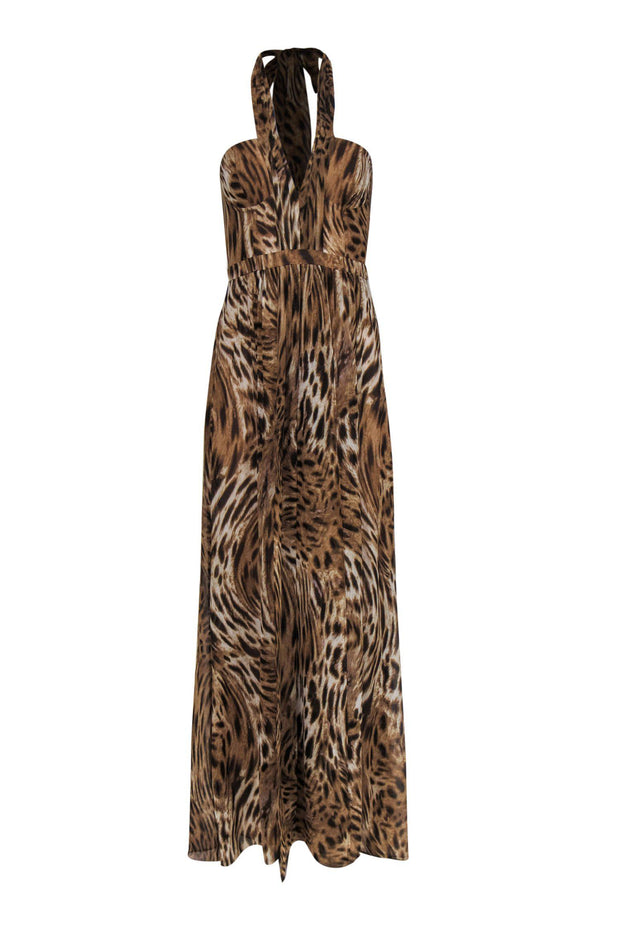 Current Boutique-BCBG Max Azria - Tan Animal Print Silk Halter Gown Sz 4