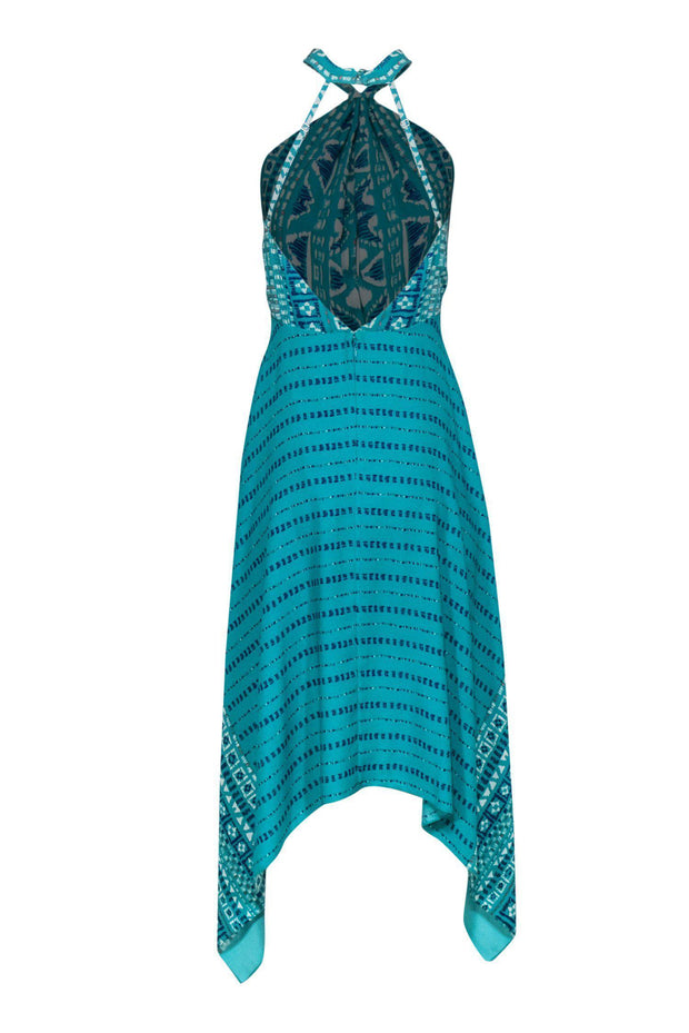 Current Boutique-BCBG Max Azria - Teal Bohemian Print Halter-Style Scarf Hem Midi Dress Sz 4